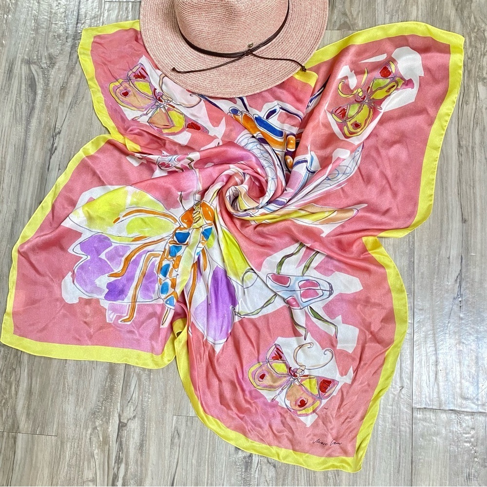 Vibrant SILK butterfly Insect Print Scarf/wrap w Yellow Border shabby chic vibe